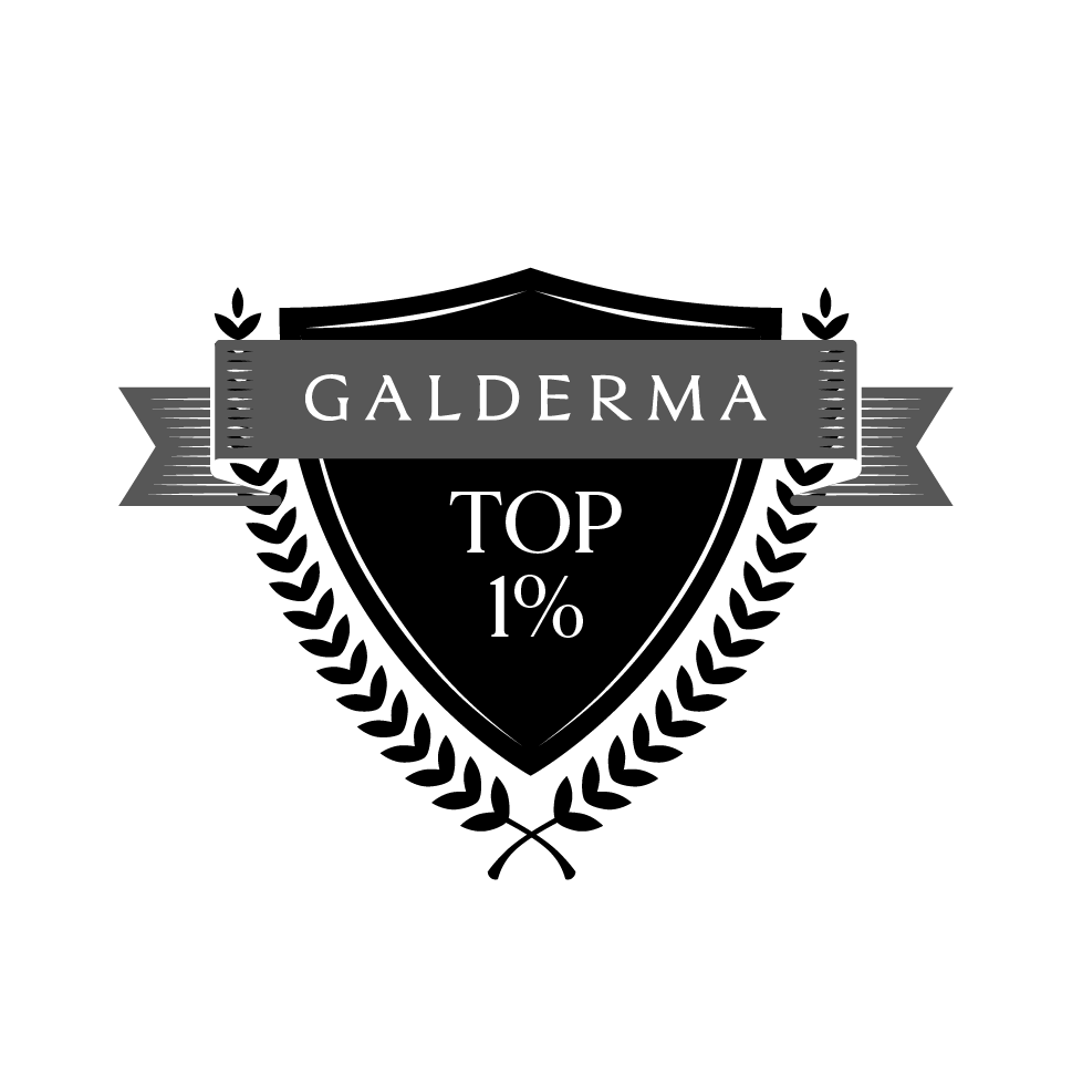 A black and white logo for galderma with a shield and laurel wreath.