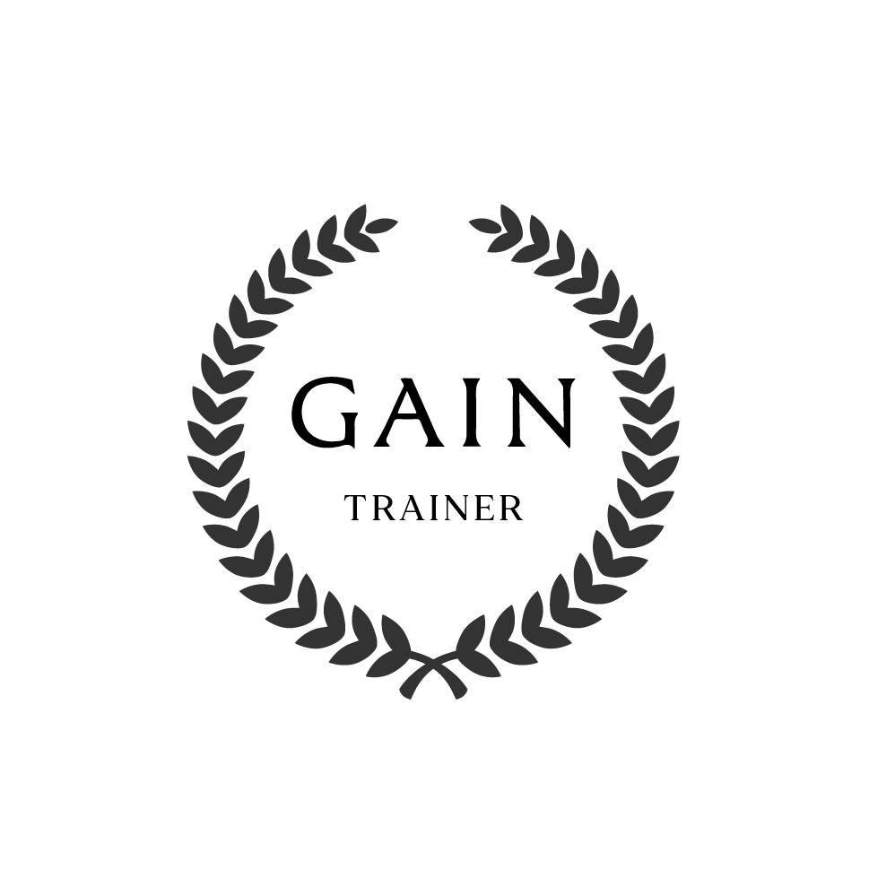 A black and white logo for a gain trainer with a laurel wreath.