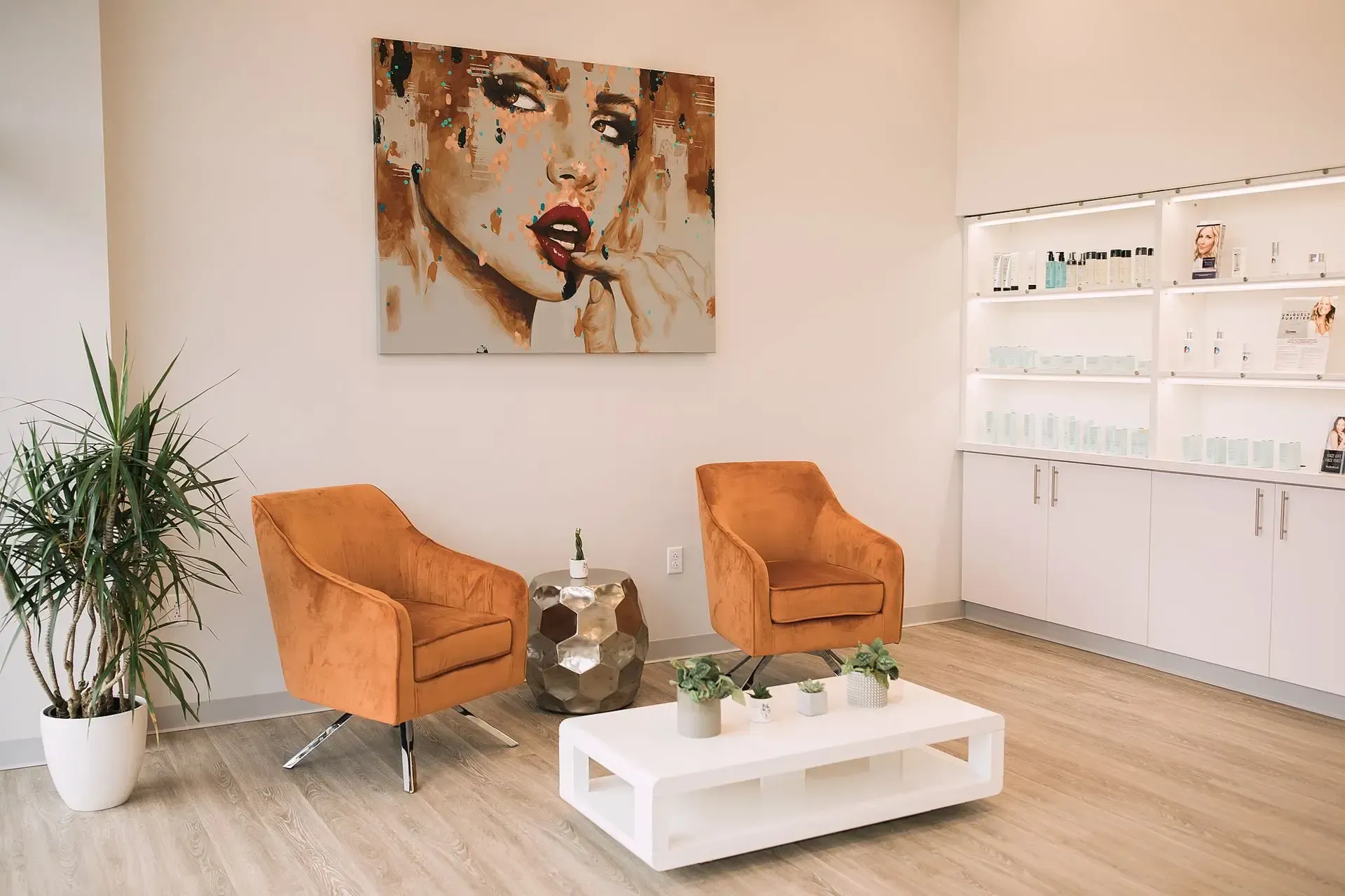 The Rejuvn8 office waiting room. Seats, a painting of a woman and a shelf of skincare products.