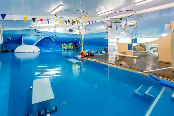 Indoor Swimming Pool with Blue Water and Wave Mural, Toys, and Decorations — Swim Care Boambee in Coffs Harbour, NSW