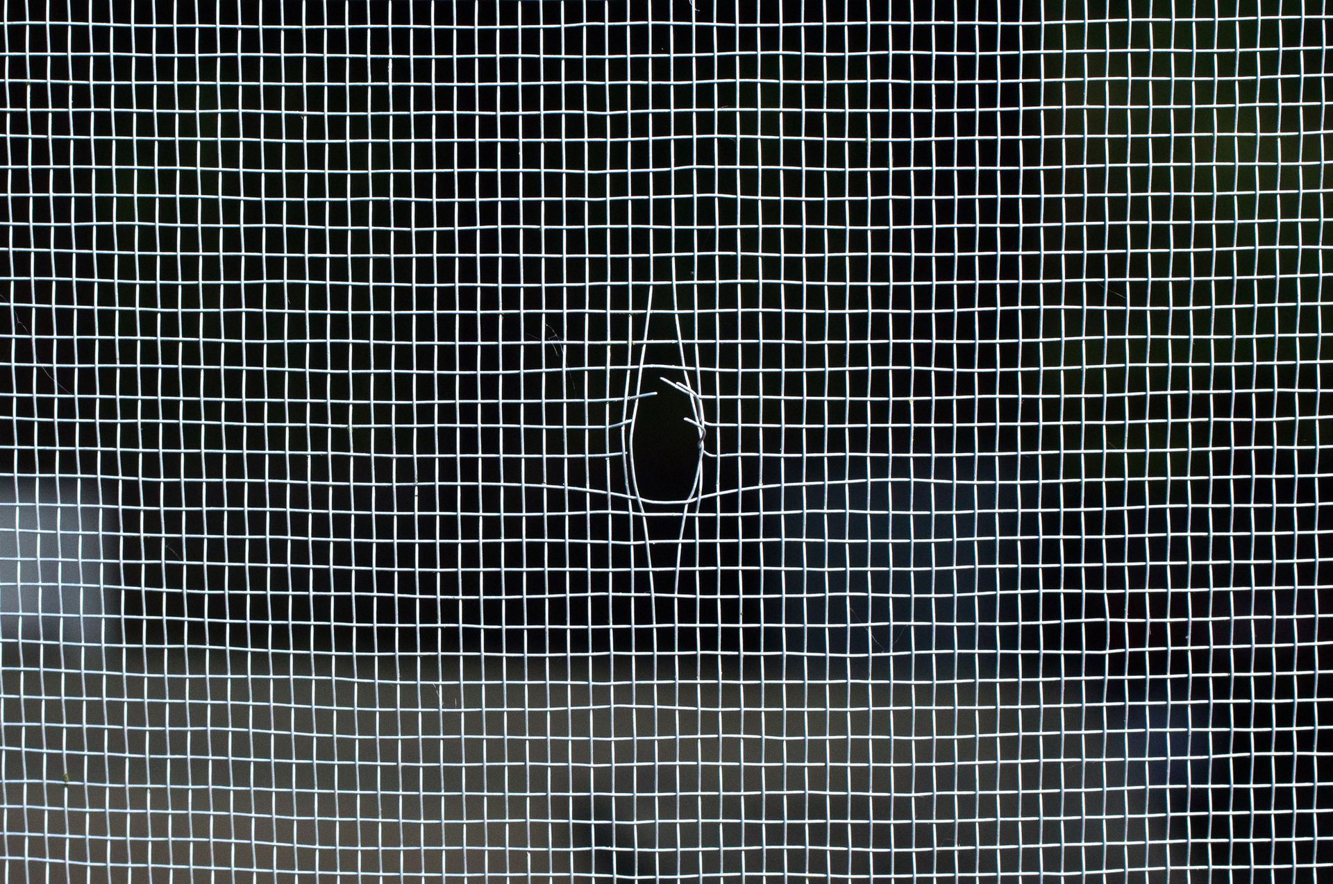 Close-up of a torn window screen with frayed edges and visible hole in the mesh.