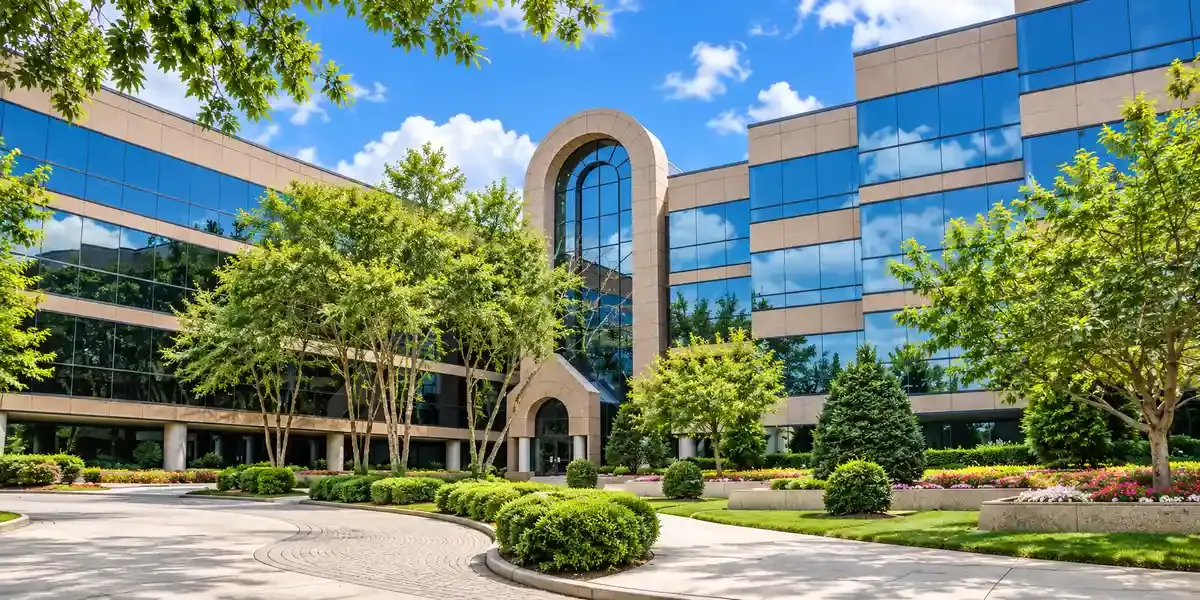 Modern office building with blue glass windows, arched entrance, and landscaped courtyard under a bright sky