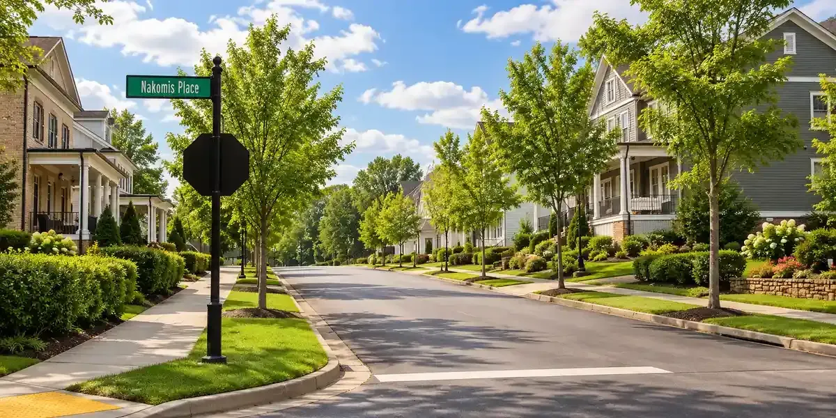 Quiet suburban street with houses, green trees, and a stop sign under a bright blue sky