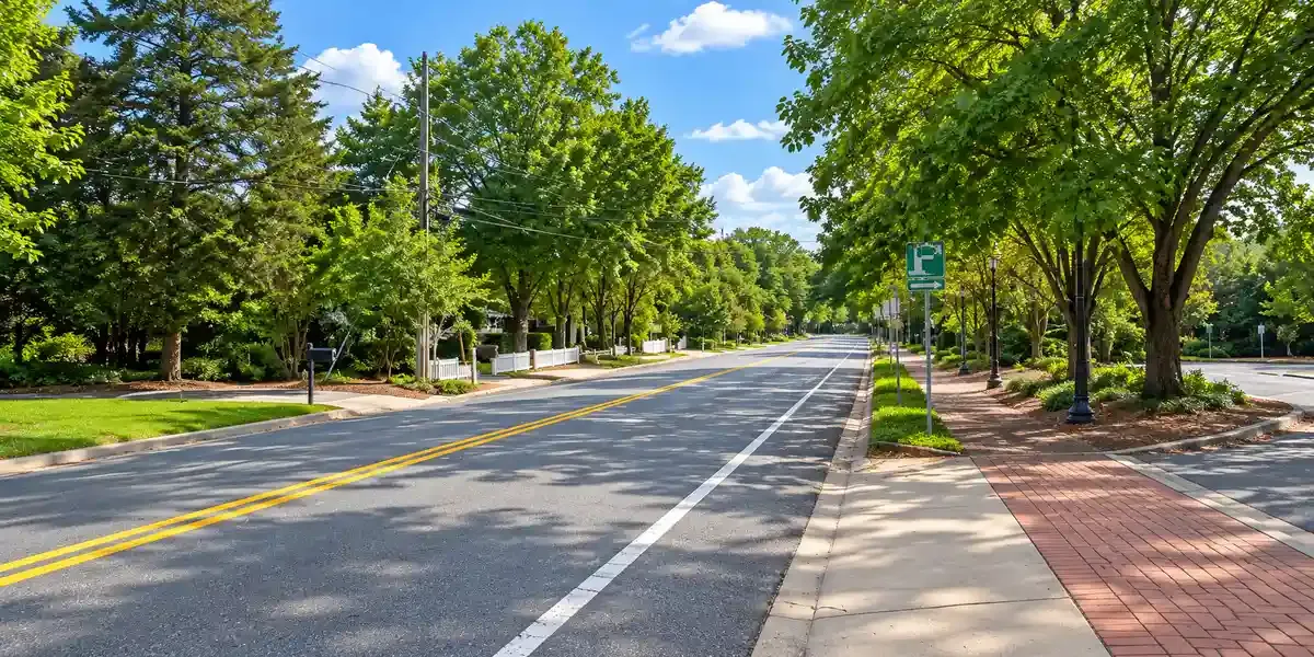 Tree-lined suburban road with yellow center lines and a brick sidewalk on the right