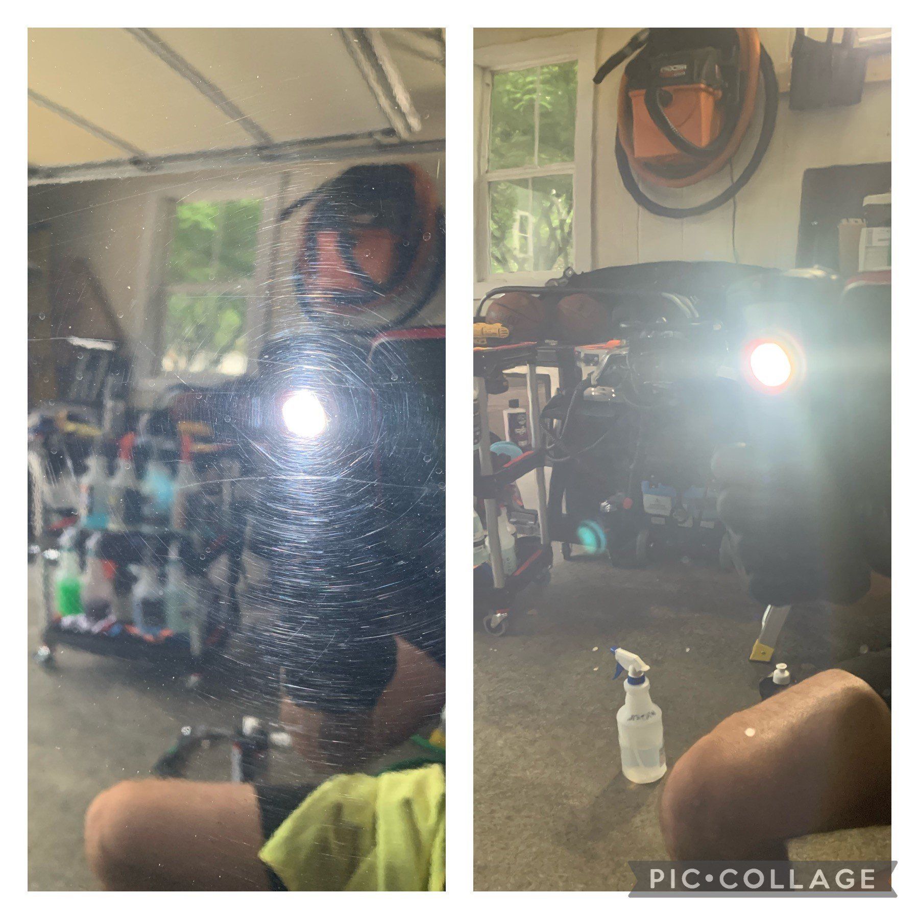 A before and after picture of a car being polished in a garage.