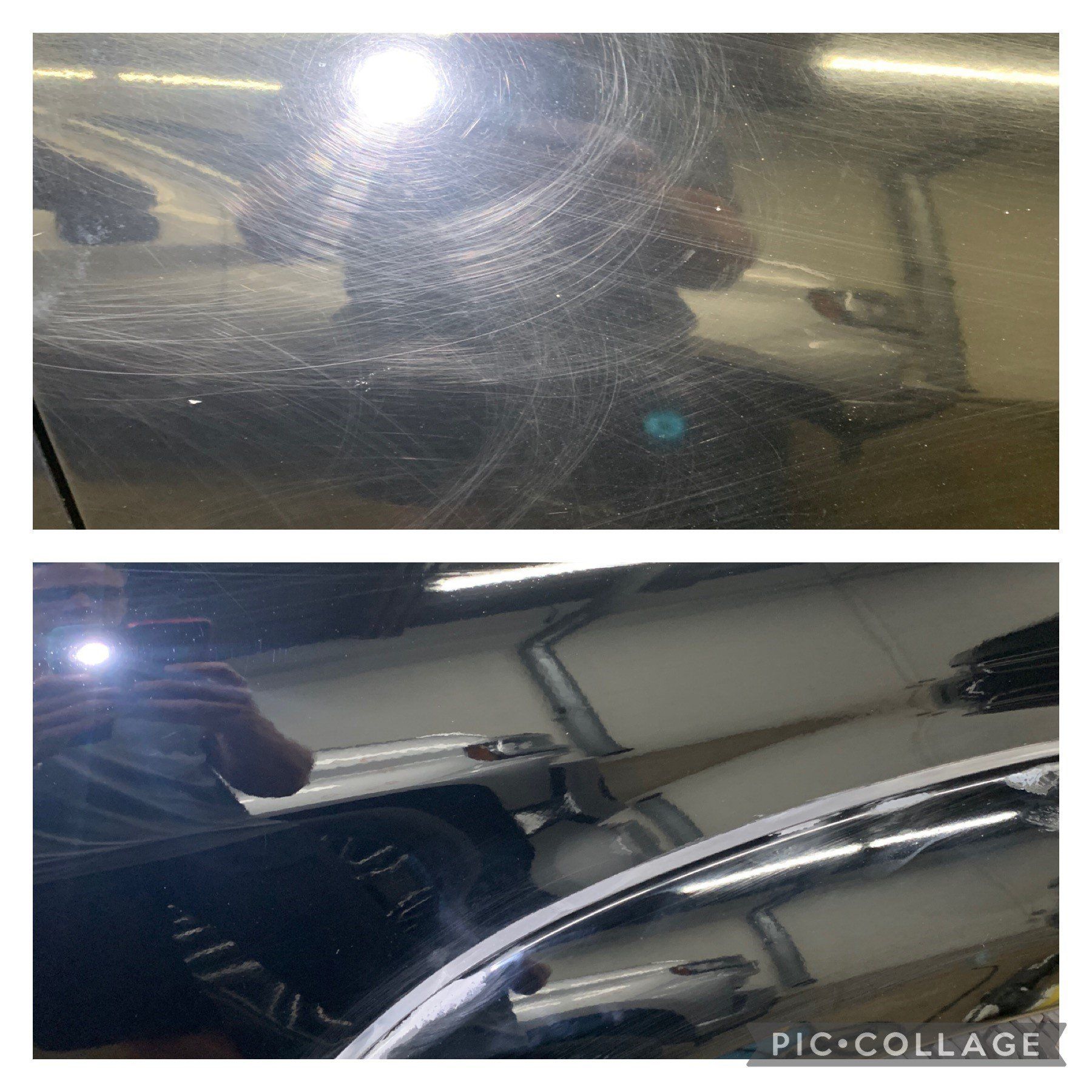 A picture of a car before and after being polished