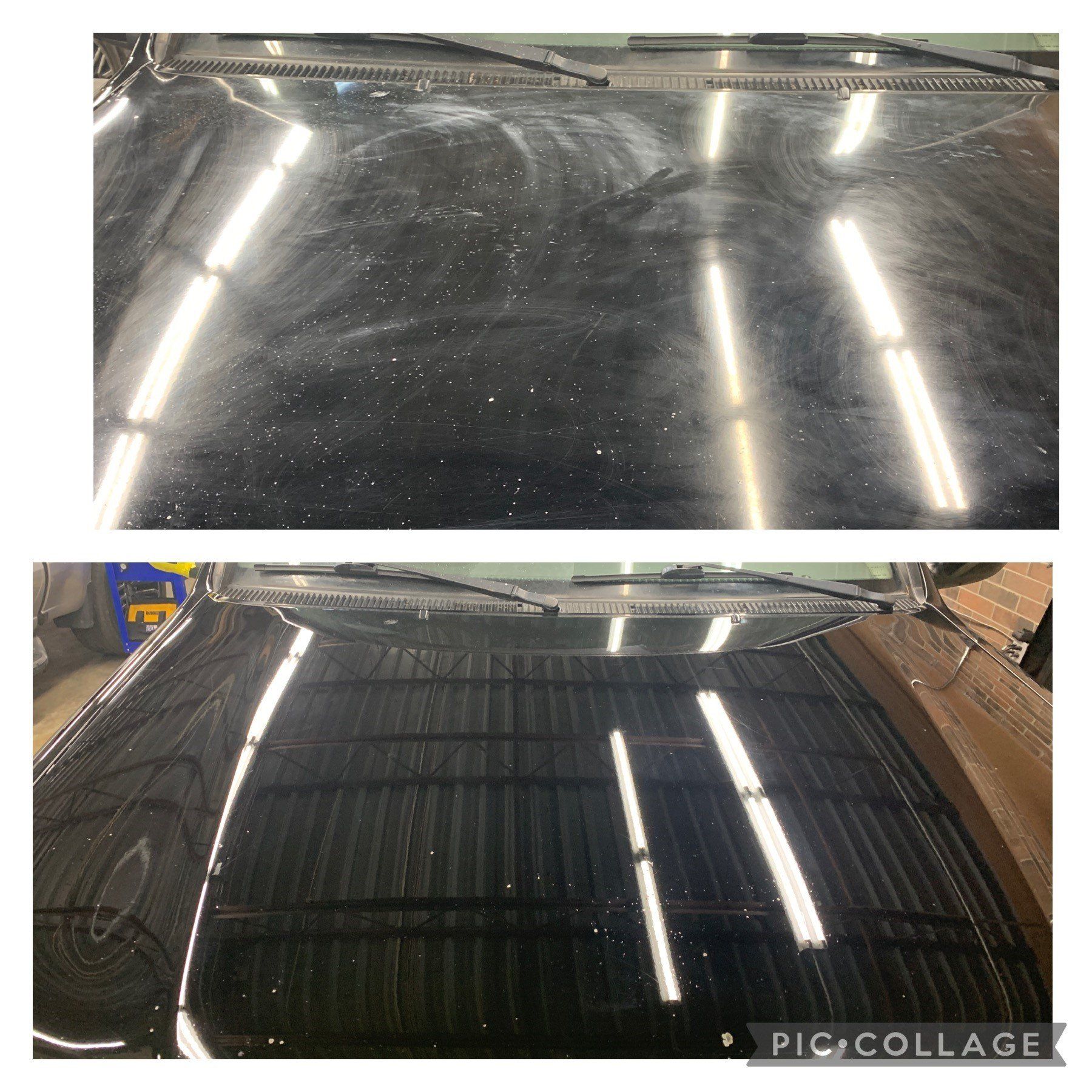 A before and after picture of a black car hood