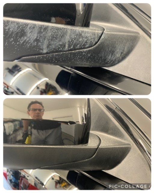 A before and after picture of a car side mirror