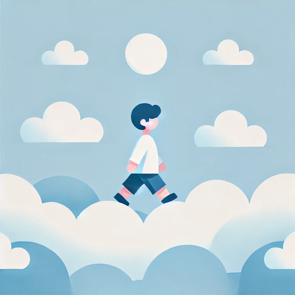 Boy walking through the clouds