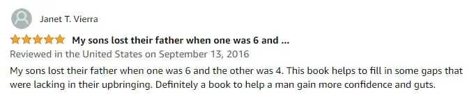 Amazon book review screenshot with 5 stars and text praising the book's help with loss and grief