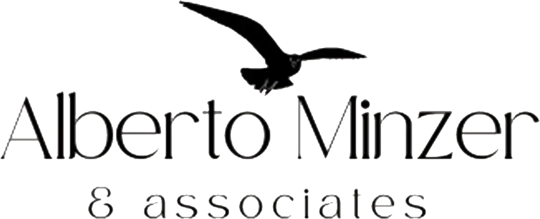 Alberto Minzer & Associates logo with a black bird silhouette over black text on a white background