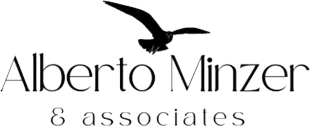 Alberto Minzer & Associates logo with a black bird silhouette over black text on a white background