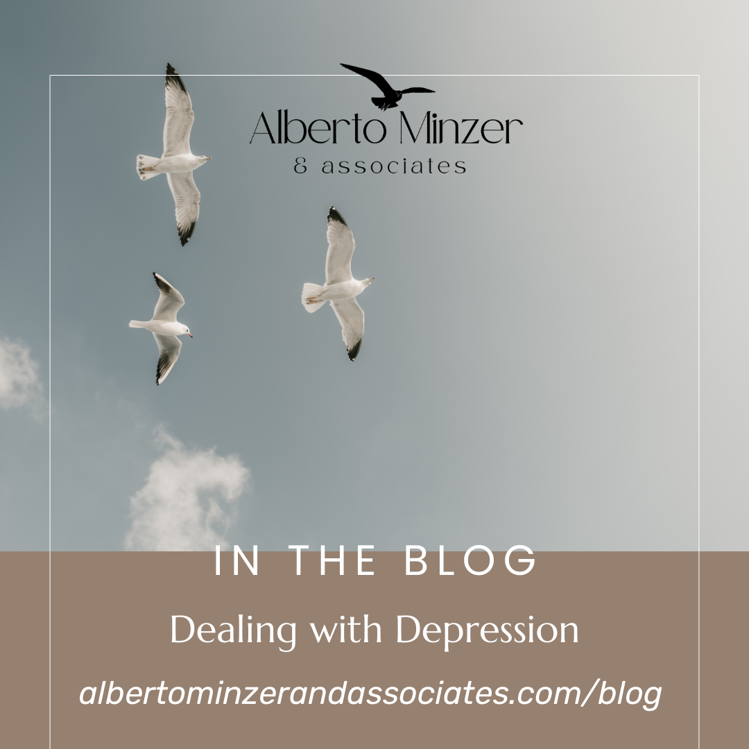 Seagulls flying over sky with “Alberto Minzer & Associates” blog banner on depression