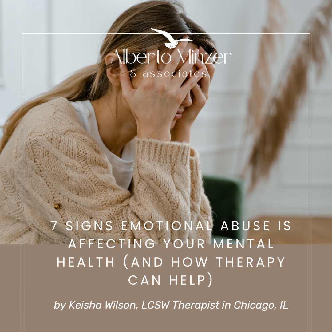 Woman in beige sweater covering face on couch, with text about signs emotional abuse affects mental health and therapy can help