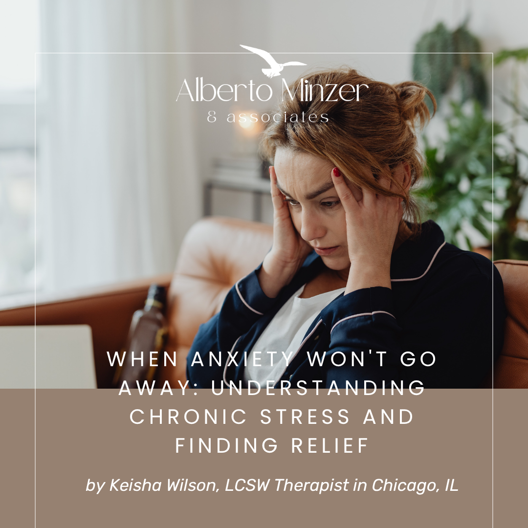 Woman holding her head at a desk, with text about anxiety, chronic stress, and relief by a therapist