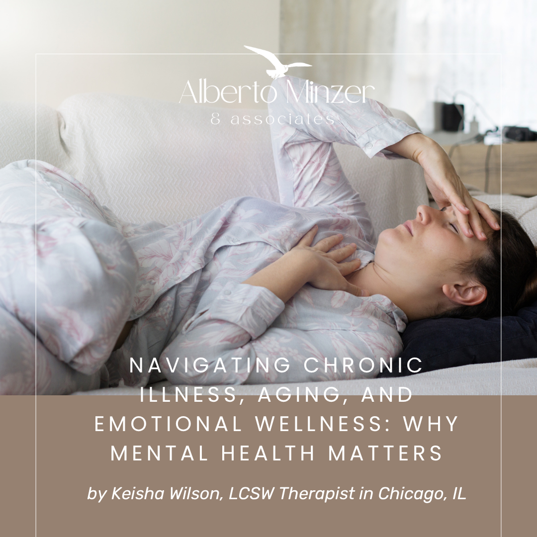 Woman lying on a bed, touching her forehead, with text about chronic illness, aging, and emotional wellness.