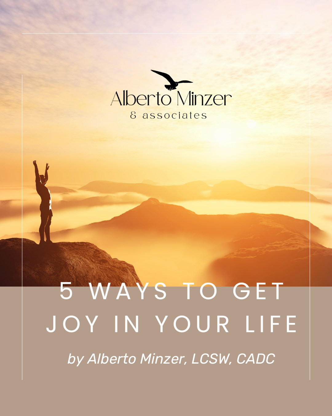 Book cover: sunset mountains, silhouette with raised arms, title “5 Ways to Get Joy in Your Life”