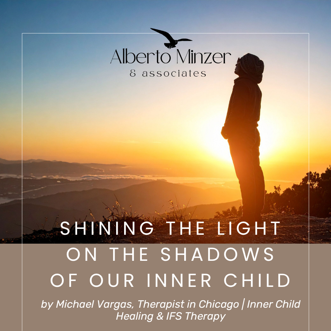 Sunrise silhouette on a hill with text: “Shining the Light on the Shadows of Our Inner Child”