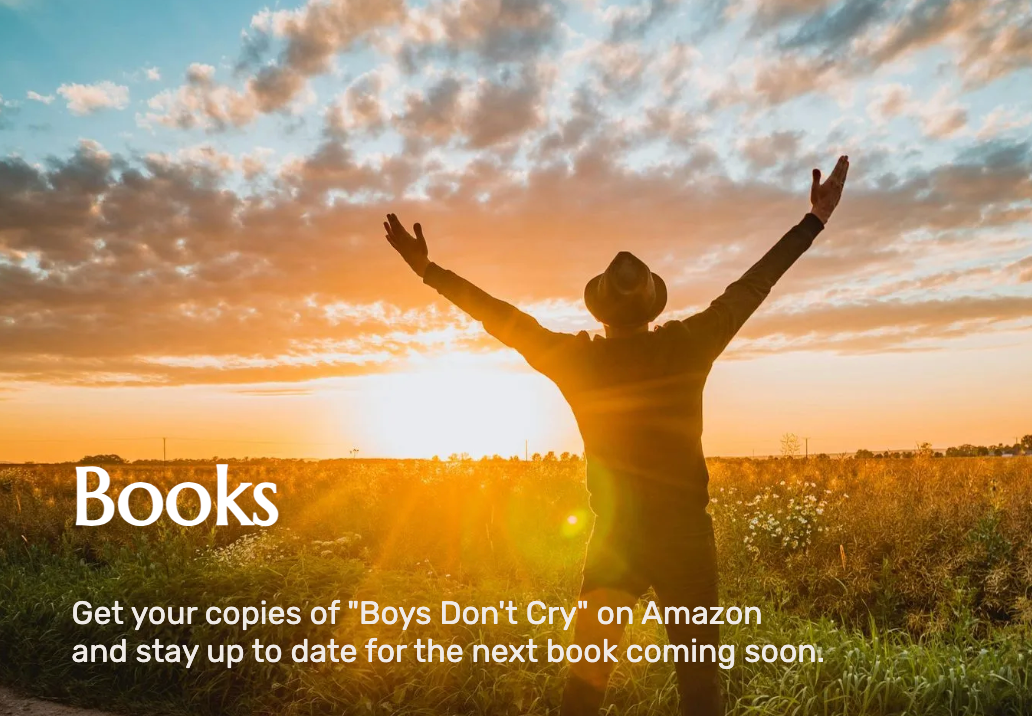 Person with arms raised in a sunset field beside “Books” text and a note about buying “Bays Don’t Cry” on Amazon
