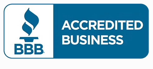 BBB Accredited Business badge in blue and white with the BBB torch logo