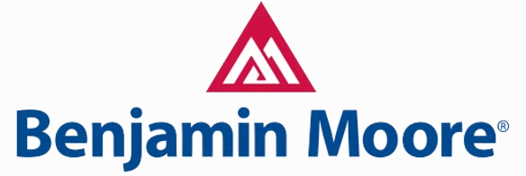 Benjamin Moore logo with blue text and a red triangular icon above it
