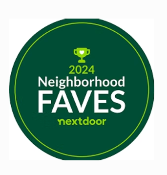 Green circular badge with trophy icon, “2024 Neighborhood FAVES” and Nextdoor logo in white and yellow.