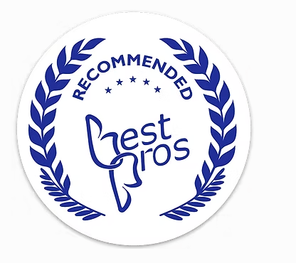 Blue “Recommended” seal with laurel wreath and “best bros” text