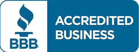 BBB Accredited Business logo with blue and white text and torch icon