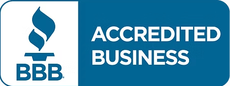 BBB Accredited Business logo with blue and white text and torch icon