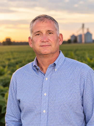 Man standing in a blue checkered shirt in a field at sunset with industrial silos in the background