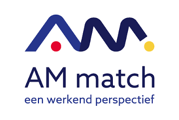 Een blauw en geel logo voor am match