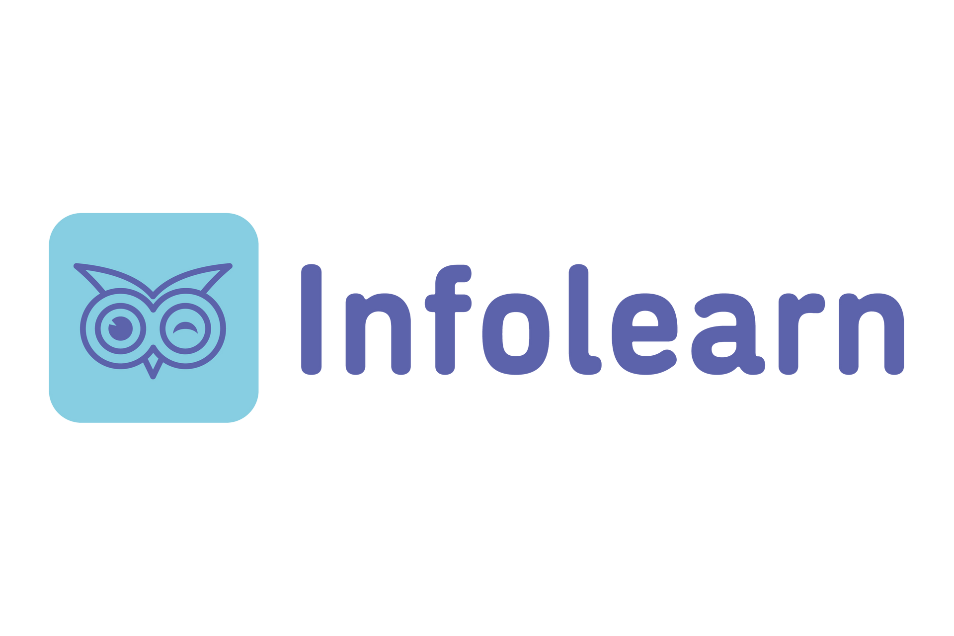 Het logo voor infolearn is een blauw vierkant met een uil erop.