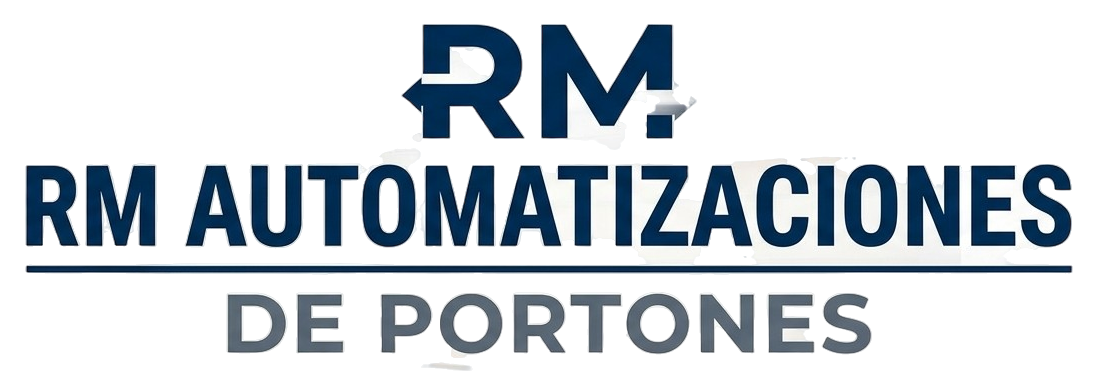 Logotipo de RM Automatizaciones de Portones en azul marino y texto gris sobre fondo blanco