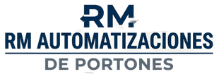 Logotipo de RM Automatizaciones de Portones en azul marino y texto gris sobre fondo blanco