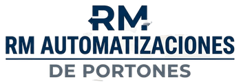 Logotipo con las letras “RM” en azul y el texto “RM Automatizaciones de Portones” sobre un fondo blanco.
