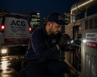 HVAC technician inspecting rooftop unit at night beside service van