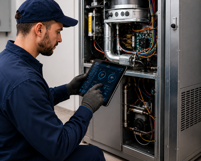 Technician inspecting server cabinet with a tablet in a data center