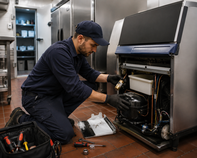 Technician kneels beside an open stainless-steel appliance, using tools to repair its internal components.