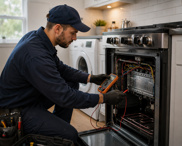 Technician using a multimeter to repair an open oven in a kitchen, with washer and stove nearby
