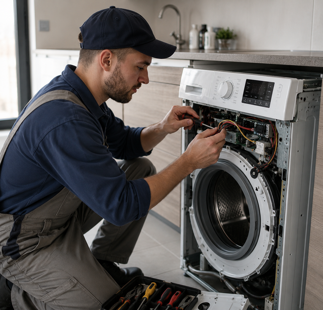 Technician repairing a front-loading washing machine with tools in a kitchen.