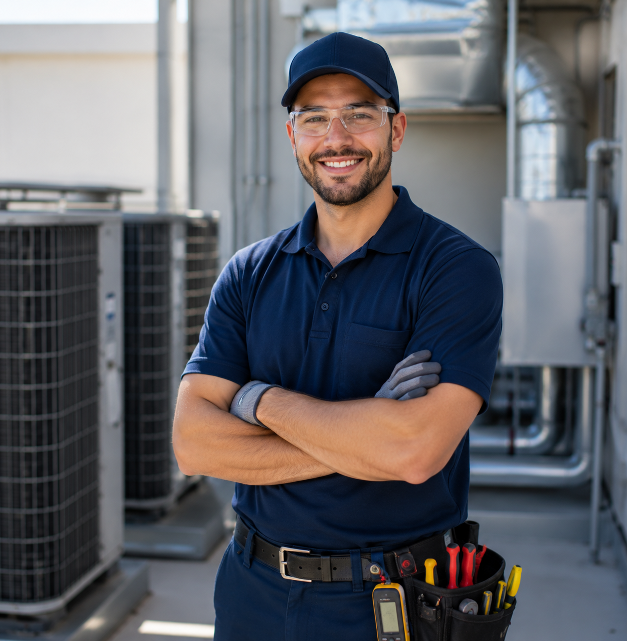 HVAC technician in navy uniform standing with arms crossed in front of rooftop equipment