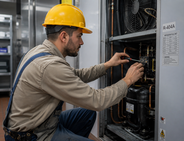 Technician in yellow hard hat inspecting electrical equipment inside an industrial cabinet
