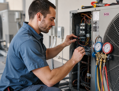 Technician inspecting an HVAC unit with gauges and wires open in a utility room
