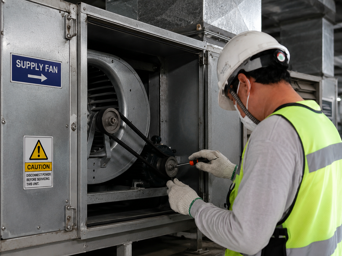 Technician inspecting a supply fan inside an HVAC unit, wearing hard hat and safety vest.