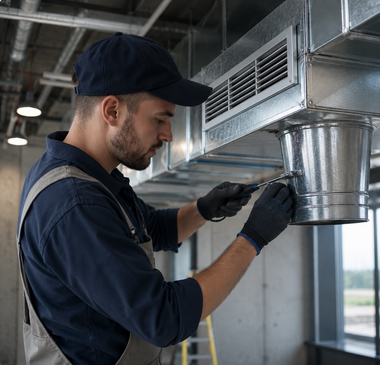 Technician inspecting HVAC ductwork in an industrial facility, wearing a navy cap, gloves, and work clothes