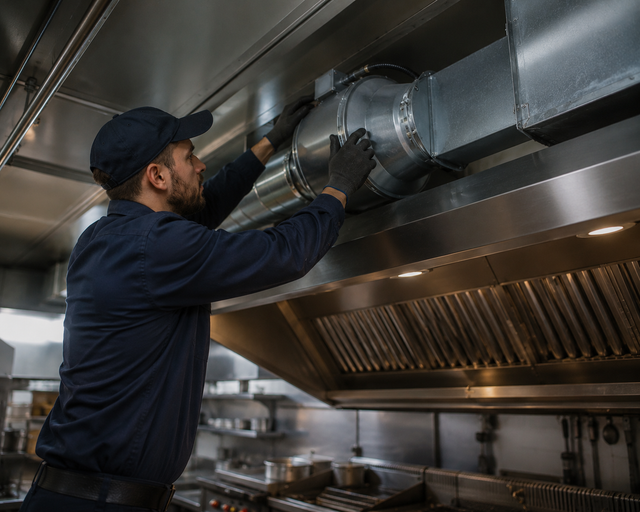 Worker installing ductwork in a commercial kitchen under a stainless steel hood