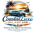CoastalLuxe Oil and Air logo with sports car, palm trees, sunset, lighthouse, and tagline