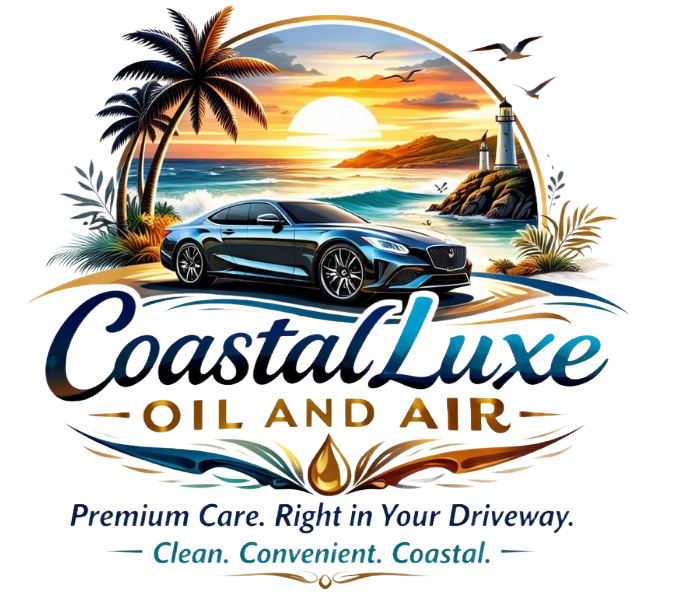 CoastalLuxe Oil and Air logo with sports car, palm trees, sunset, lighthouse, and tagline