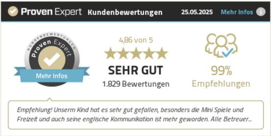 Proven Expert Kundenbewertungen: 4,05/5 „Sehr gut“ basierend auf 1.829 Bewertungen, 99 % Weiterempfehlung.