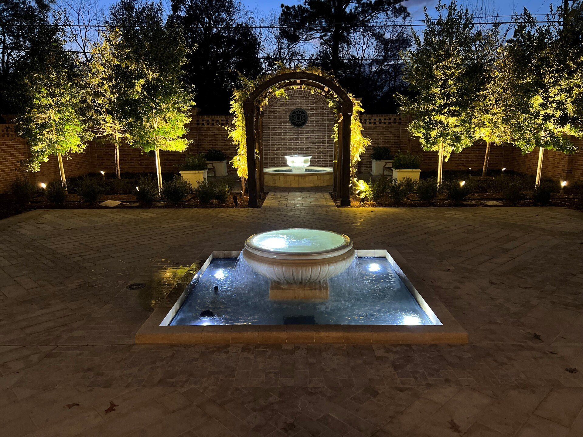A fountain is surrounded by trees and is lit up at night